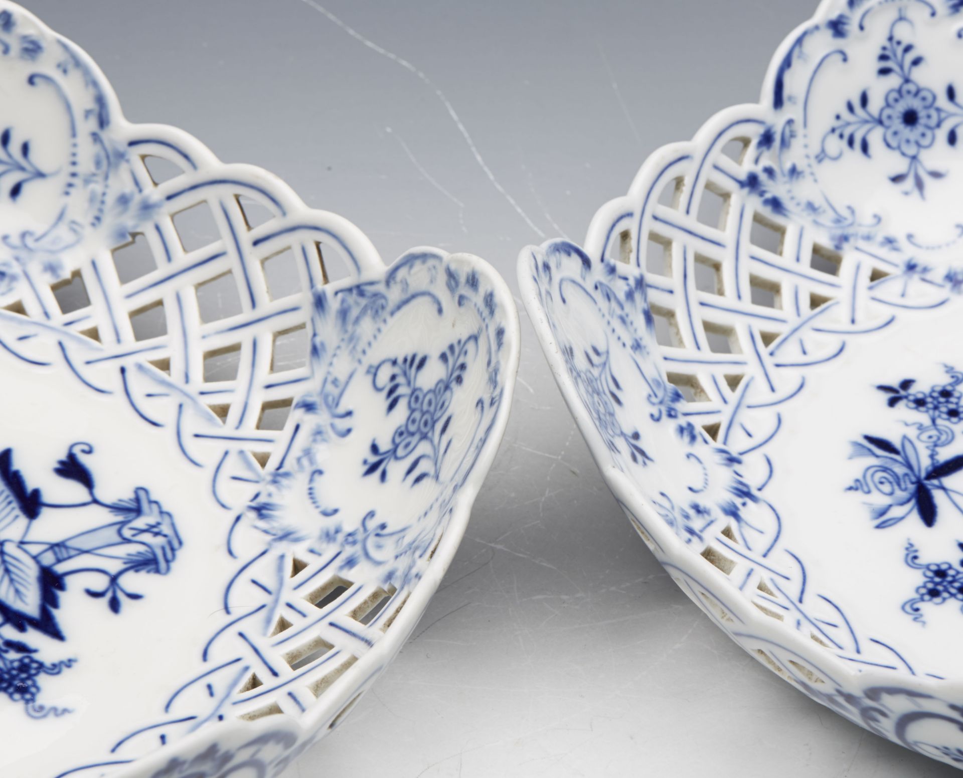 Pair Antique Meissen Blue & White Onion Pattern Pierced Baskets 19Th C. - Image 4 of 8