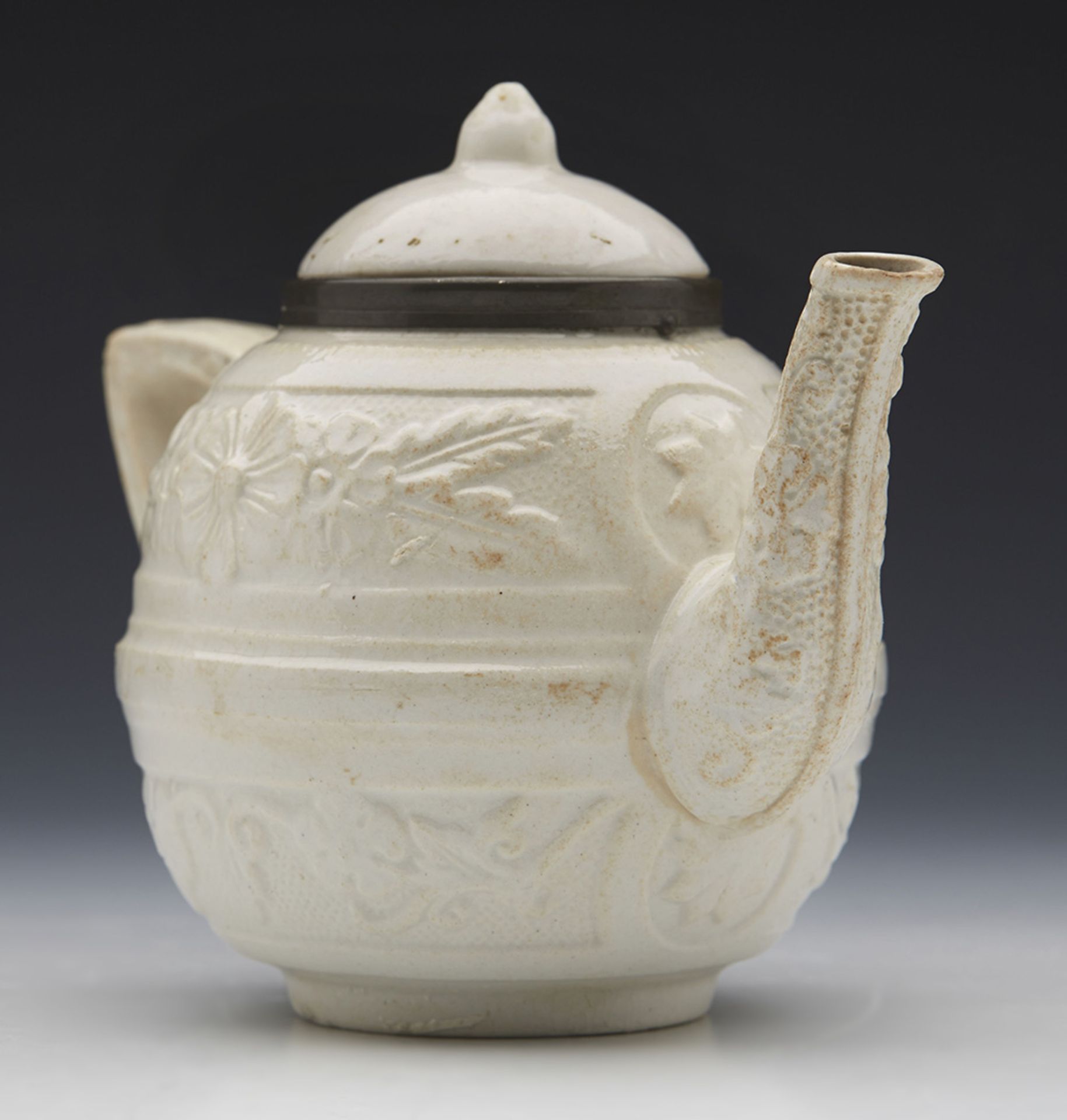 Antique Miniature Salt Glazed Teapot With Moulded Designs 18/19Th C. - Image 3 of 8