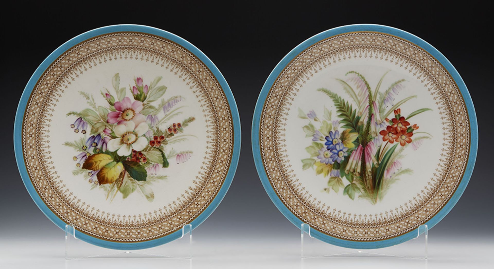 Pair Antique Royal Worcester Hand Painted Floral Cabinet Plates C.1880