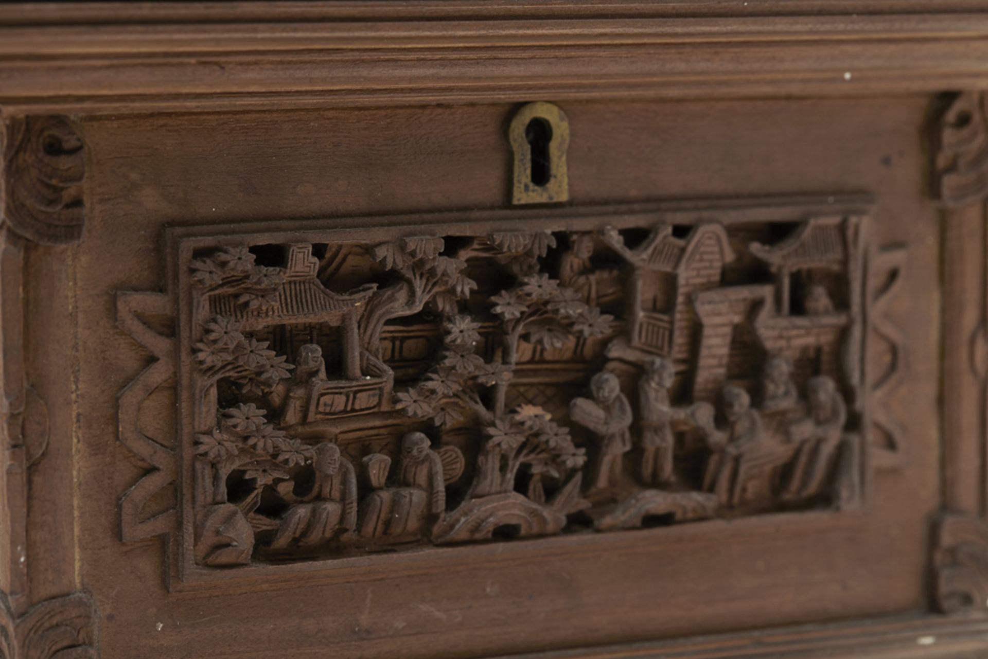 Antique Chinese Canton Carved Wooden Jewellery Box 19Th C - Image 7 of 14