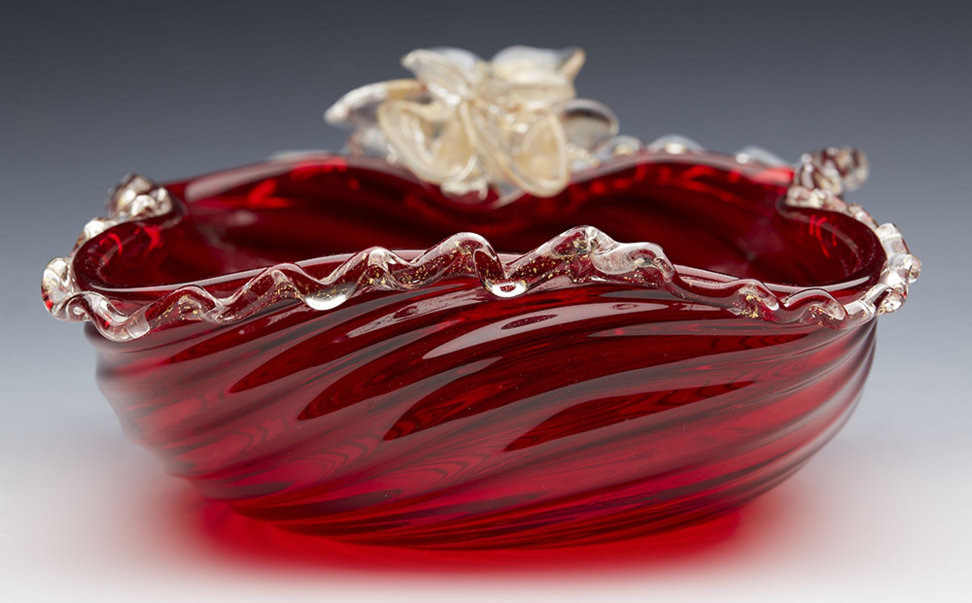 Vintage Murano Red Glass Swirl Design Bowl With Applied Flower C.1960 - Image 7 of 7