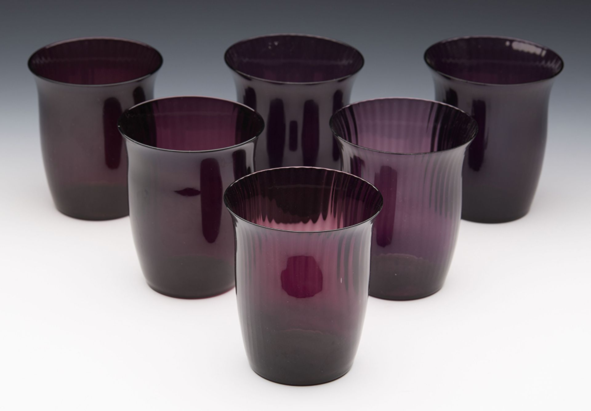 Fine Vintage Set Six Amethyst Glass Ribbed Design Tumblers 20Th C. - Image 2 of 7