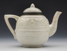 Antique Miniature Salt Glazed Teapot With Moulded Designs 18/19Th C.