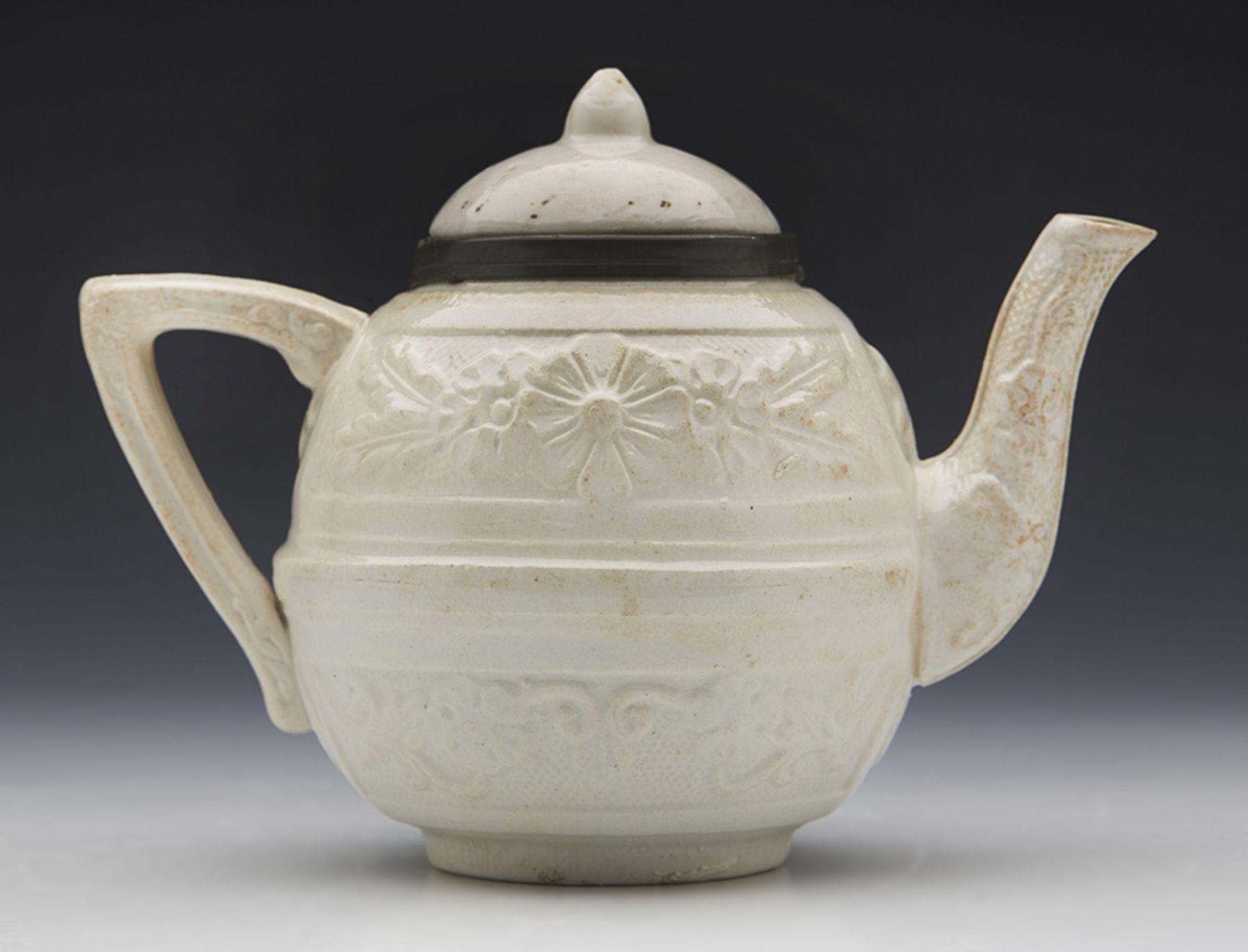 Antique Miniature Salt Glazed Teapot With Moulded Designs 18/19Th C.