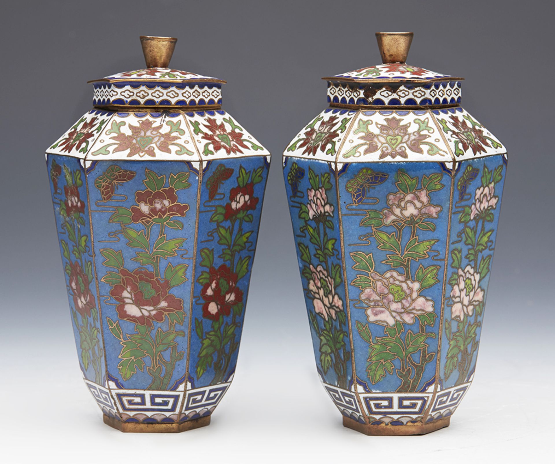 Website Pair Antique Chinese Lidded Cloisonne Floral Jars C.1920