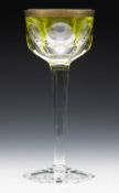 Vintage Moser Cut Crystal Green Overlay Wine Glass With Gilded Design 20Th C.