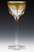 Vintage Moser Cut Crystal Amber Overlay Wine Glass With Gilded Design 20Th C.
