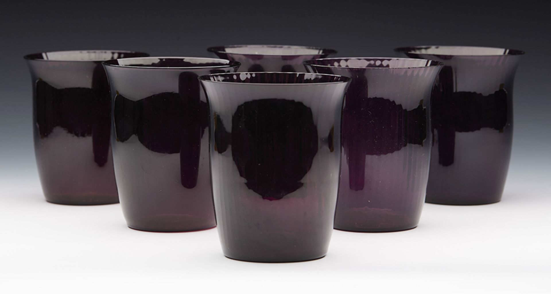 Fine Vintage Set Six Amethyst Glass Ribbed Design Tumblers 20Th C.