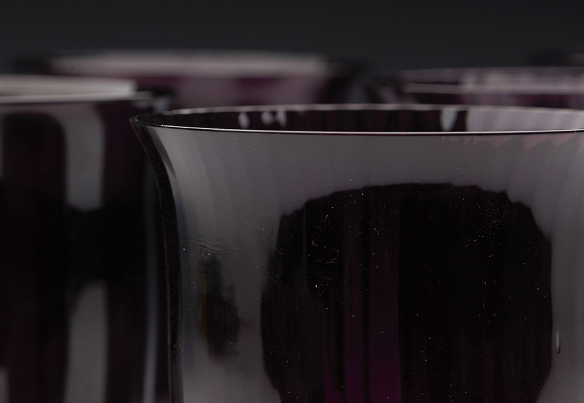 Fine Vintage Set Six Amethyst Glass Ribbed Design Tumblers 20Th C. - Image 5 of 7