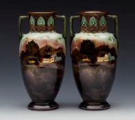 Pair Antique Continental Majolica Landscape Painted Vases 19Th C.