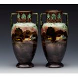 Pair Antique Continental Majolica Landscape Painted Vases 19Th C.