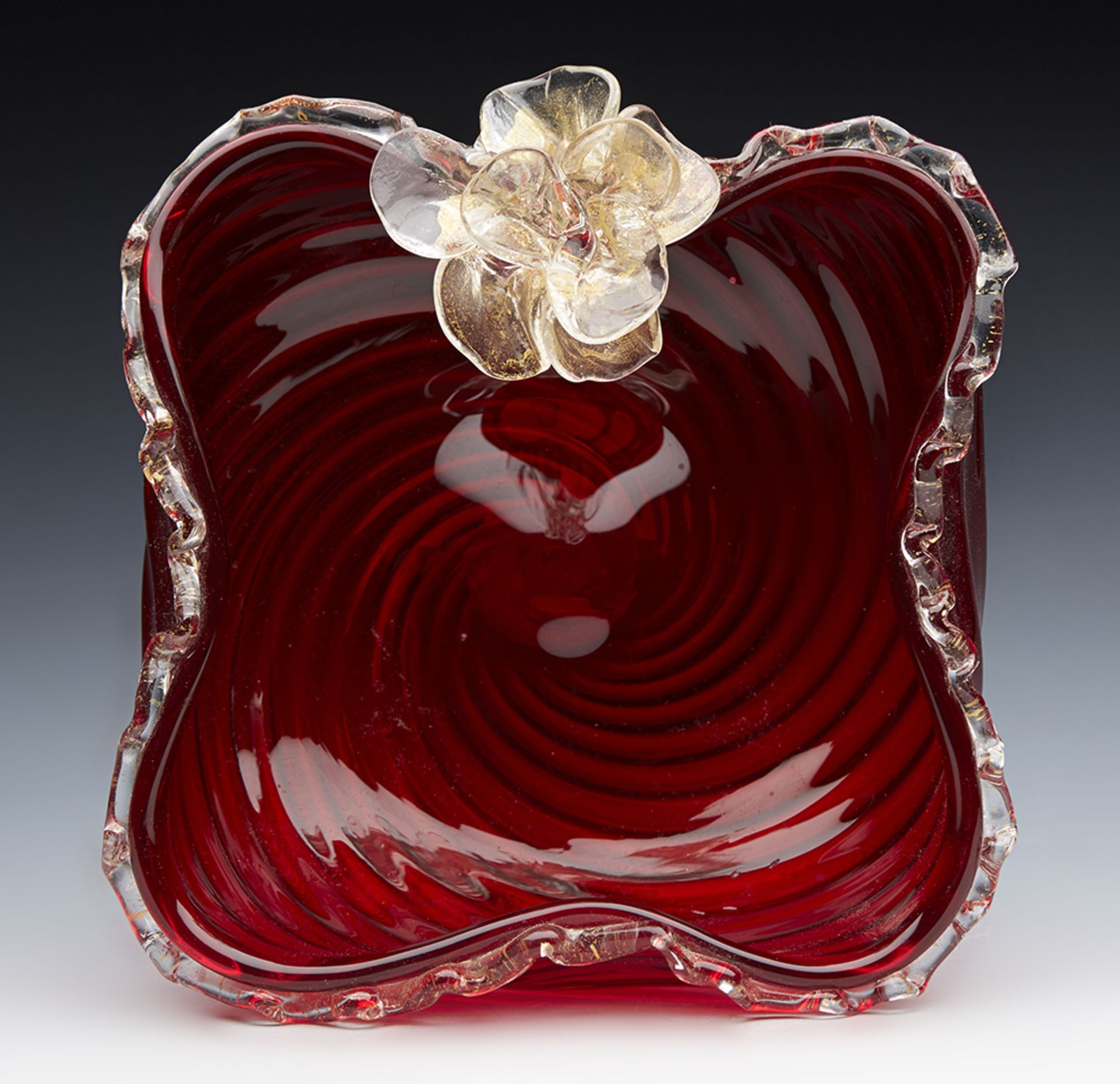 Vintage Murano Red Glass Swirl Design Bowl With Applied Flower C.1960 - Image 3 of 7