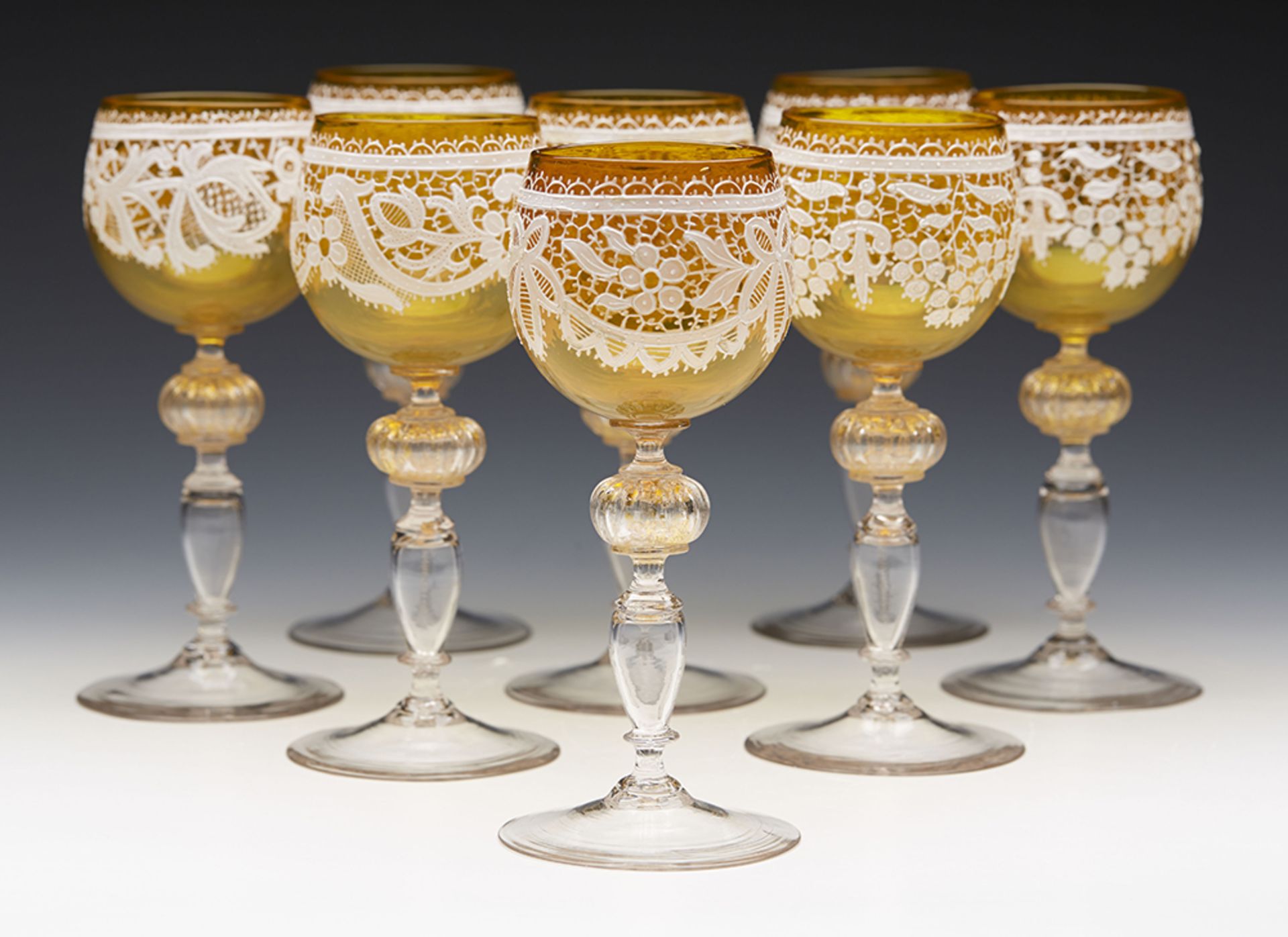 Set Eight Antique Italian Venetian Salviati Lacework Wine Glasses C.1890