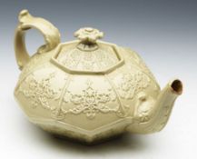 Antique Elaborately Moulded Drabware Teapot 19Th C.