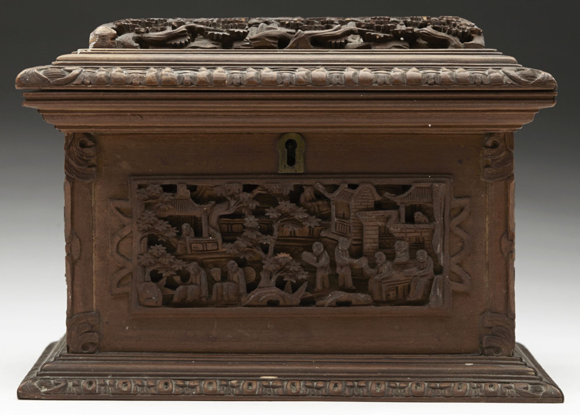 Antique Chinese Canton Carved Wooden Jewellery Box 19Th C - Image 6 of 14