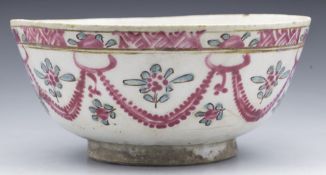 Antique Middle Eastern Bowl With Floral Garlands 17/18Th C.