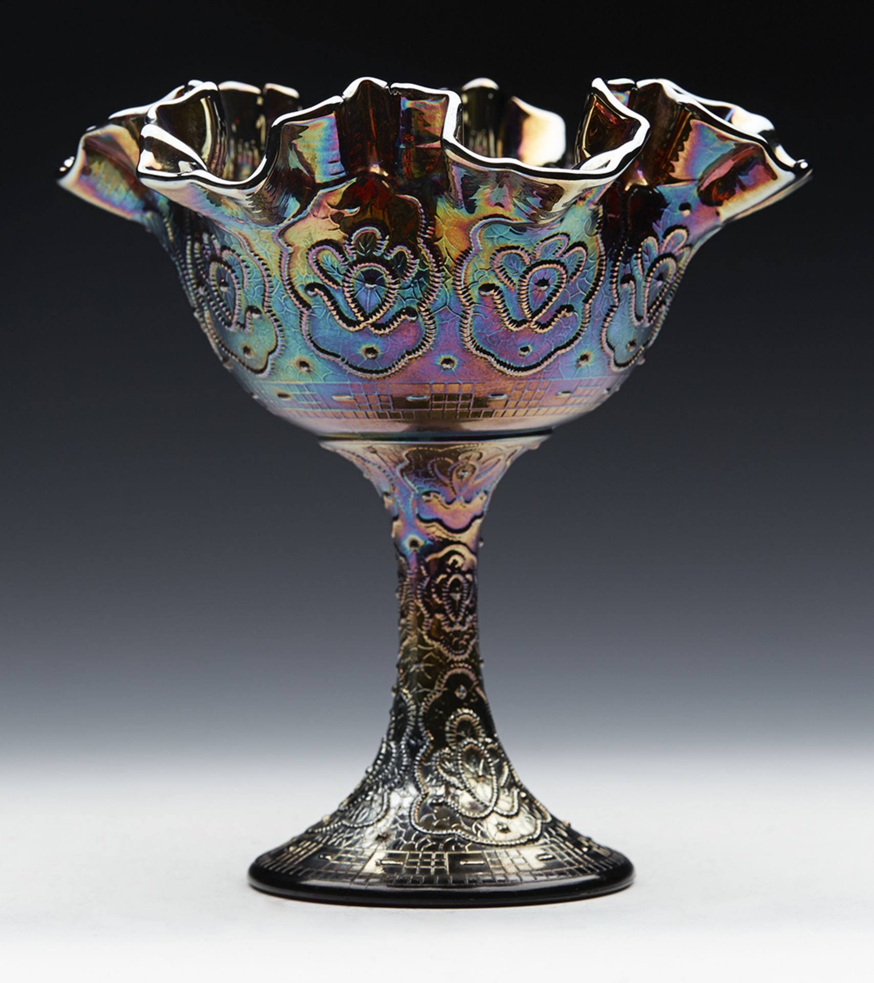 Vintage Fenton Persoan Medallion Pedestal Carnival Glass Bowl 20Th C. - Image 2 of 14