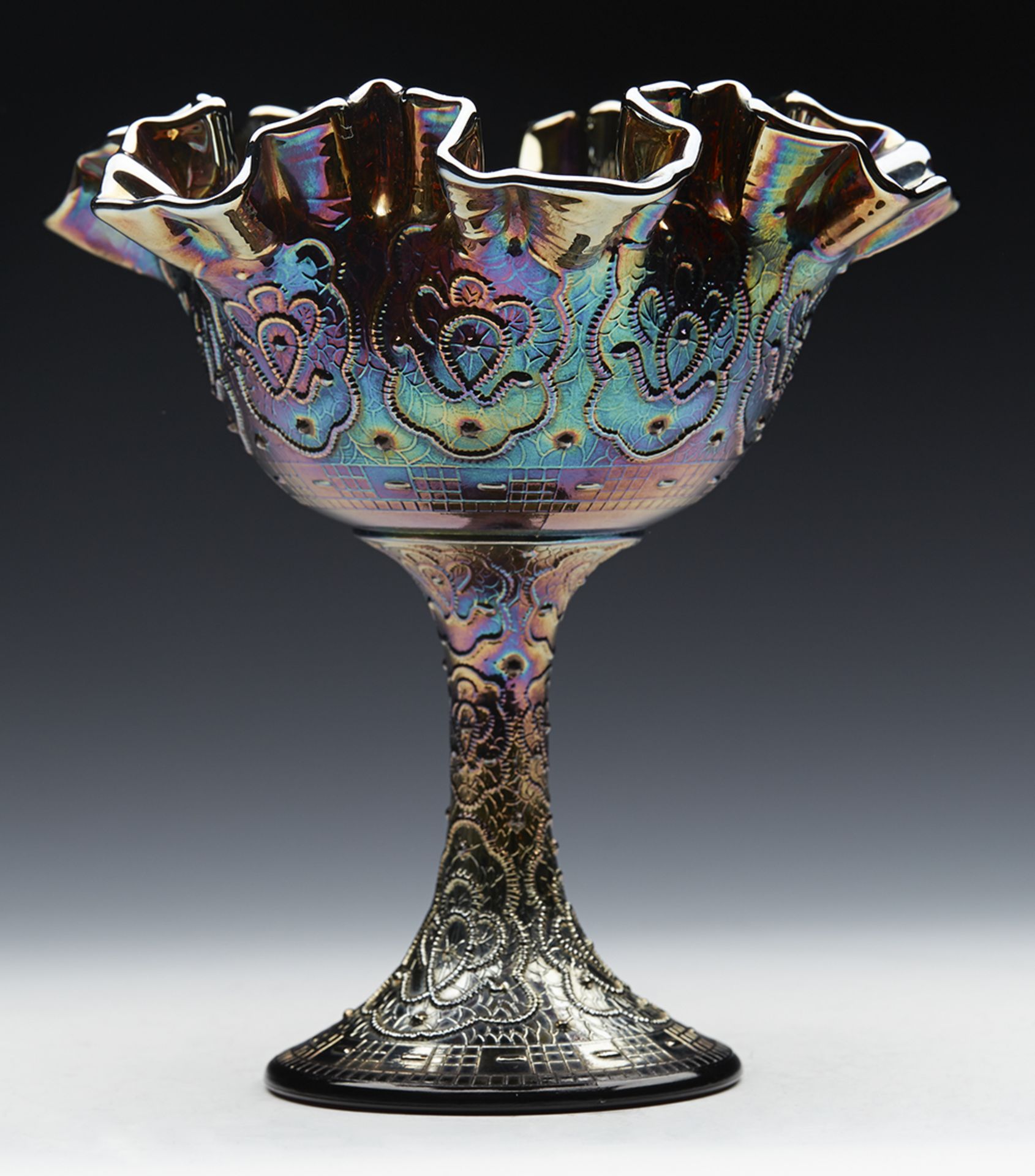 Vintage Fenton Persoan Medallion Pedestal Carnival Glass Bowl 20Th C. - Image 7 of 14