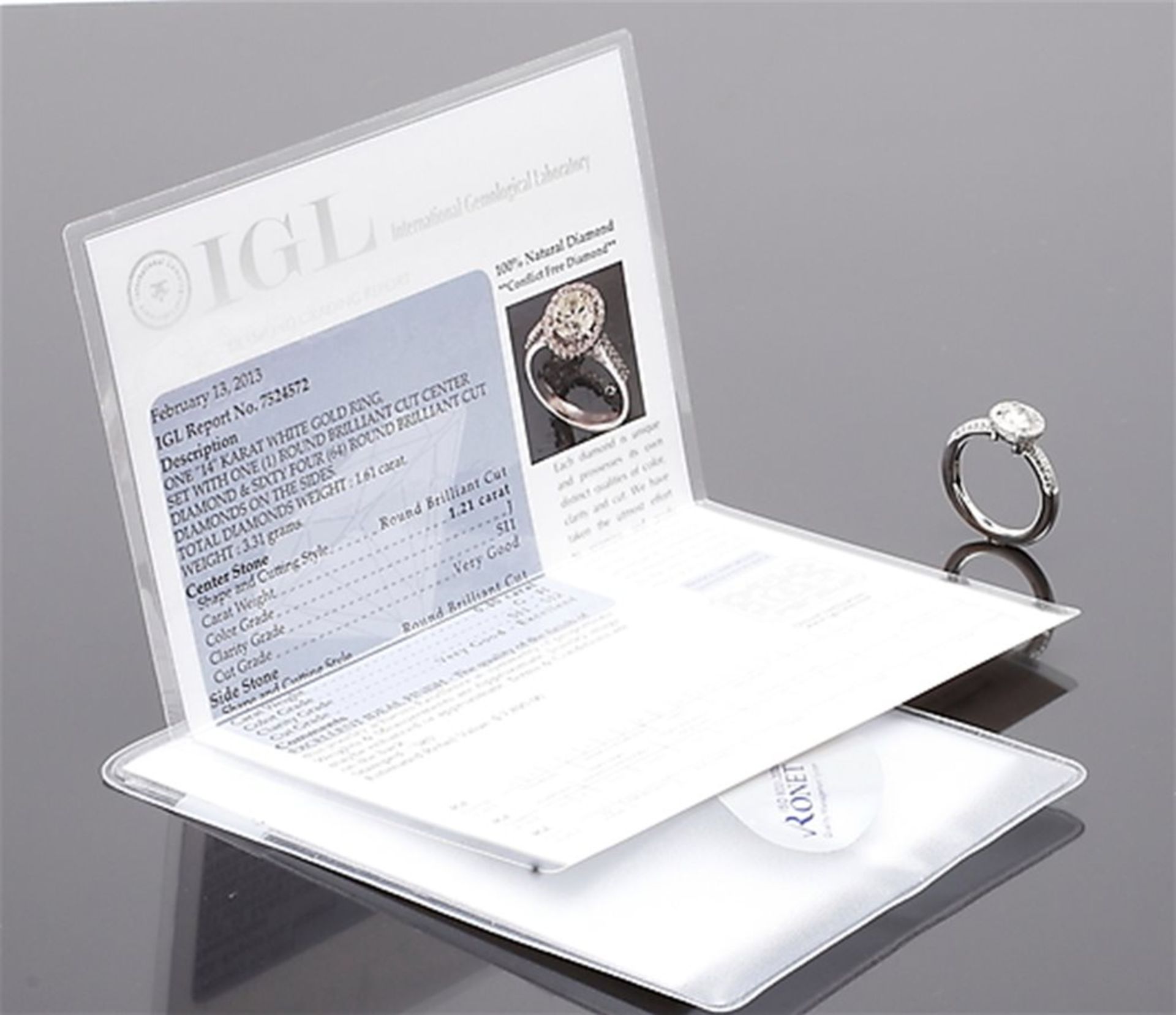 White gold Ring with centre round diamond of 1.21 ct. IGL certificate included - Image 2 of 2