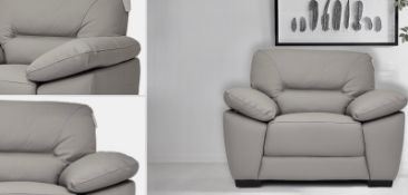 Brand new and boxed Burghley Grey Leather Arm Chair With an irresistibly inviting shape