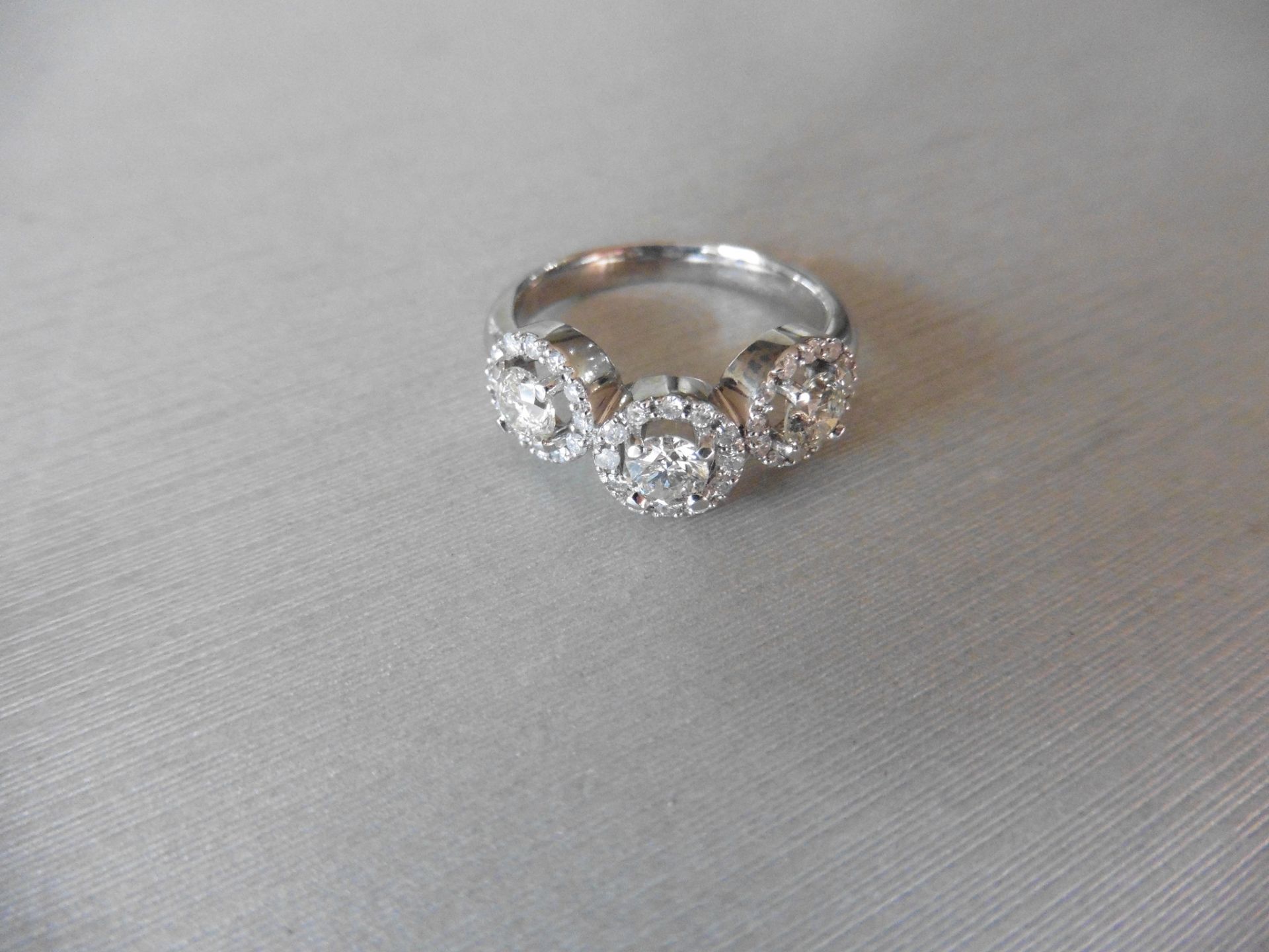 18ct white gold Italian Three stone Halo ring,3x 0.20ct brilliant cutdiamonds si clarity i colour, - Image 3 of 4