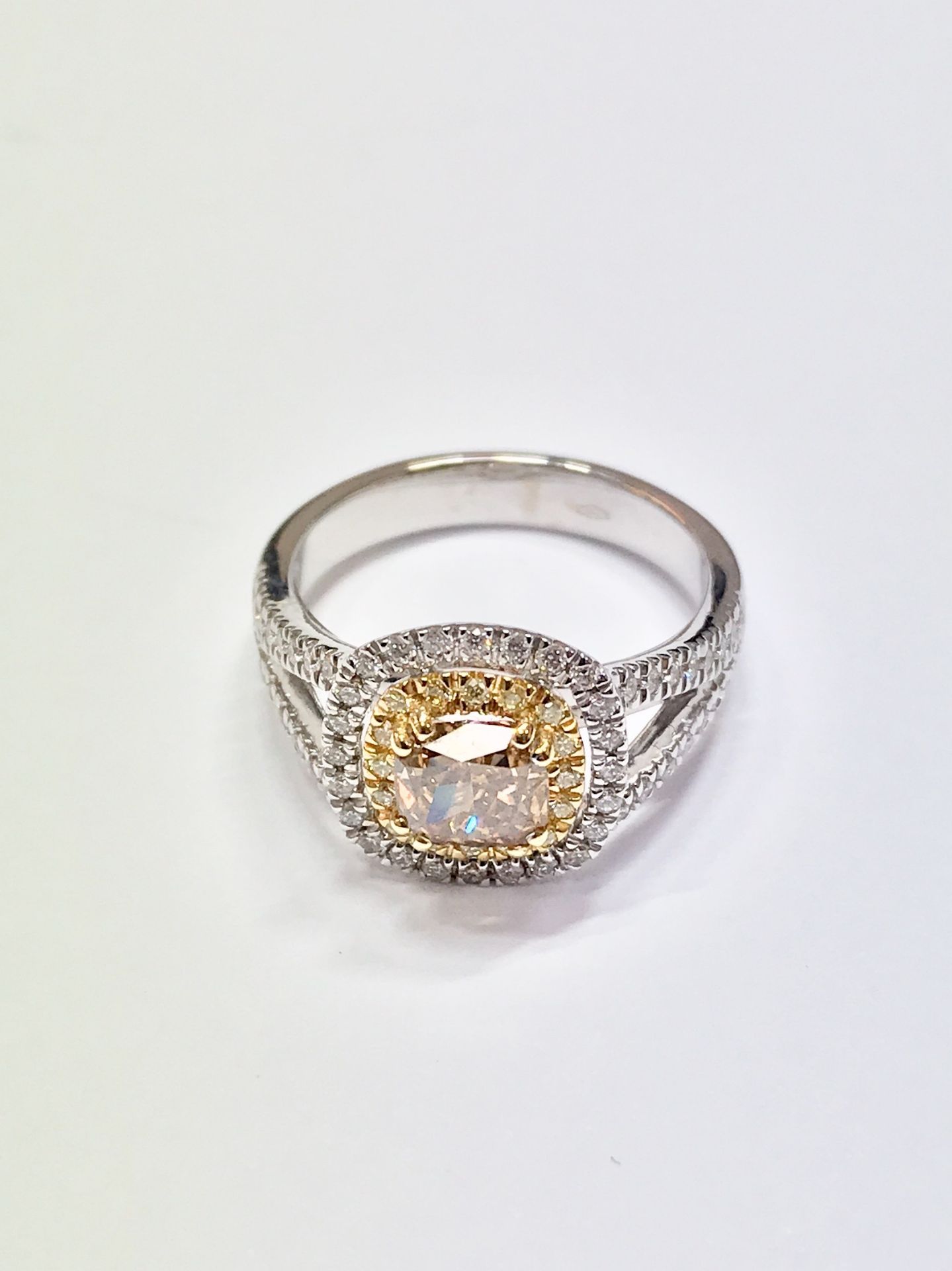 1.15ct diamond set solitaire ring with a yellow cushion cut yellow diamond and a halo setting and - Image 2 of 5