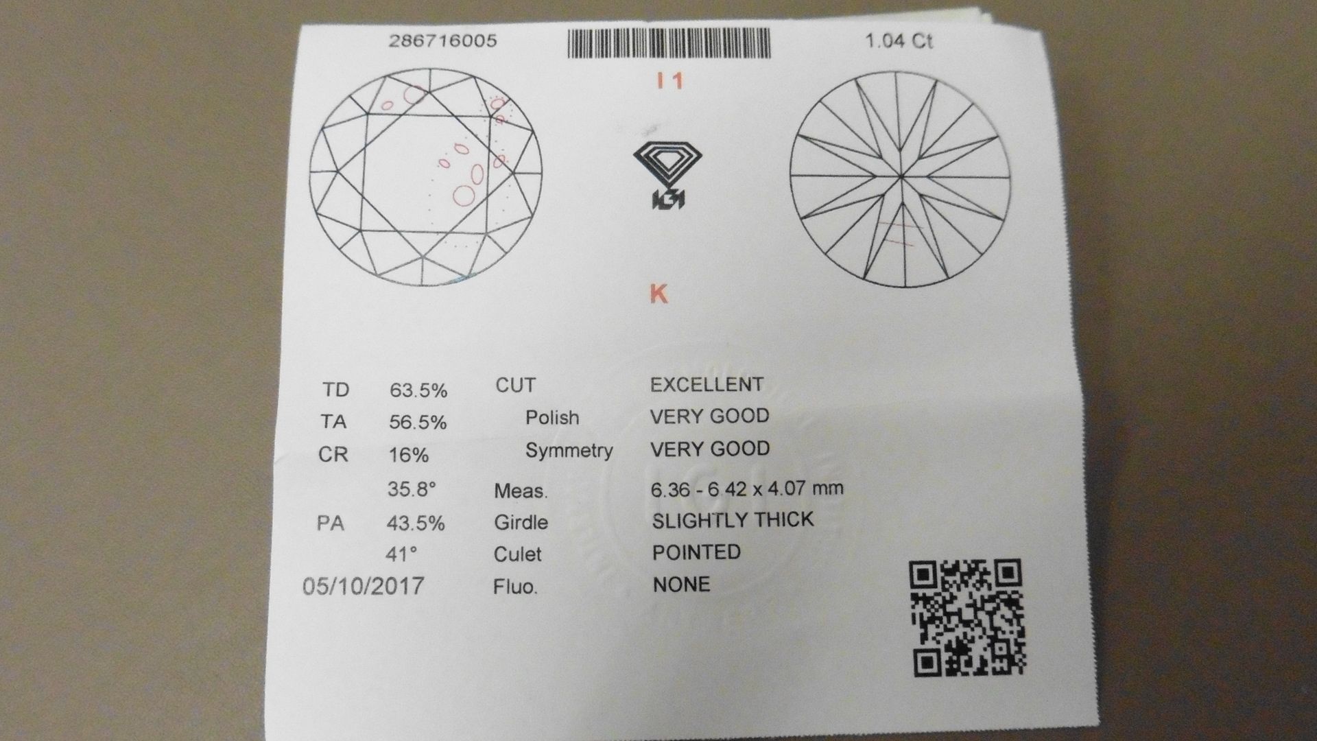 1.04ct brilliant cut diamond, loose stone.K colour and I1 clarity. 6.36 x 6.42 x 4.07mm. IGI - Image 5 of 5