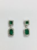 9ct white gold Emerald diamond drop earrings ,9CT White gold 1.70gms 74 round brilliant diamonds h