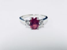 Platinum Ruby diamond trilogy ring,1ct ruby oval (treated),020ct diamond si2 I Coloured (2x.10ct)