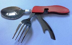 5 x RED Camping, Hiking, Fishing, Festivals, Picnic 4-in-1 Compact folding Knife Fork Spoon Bottle