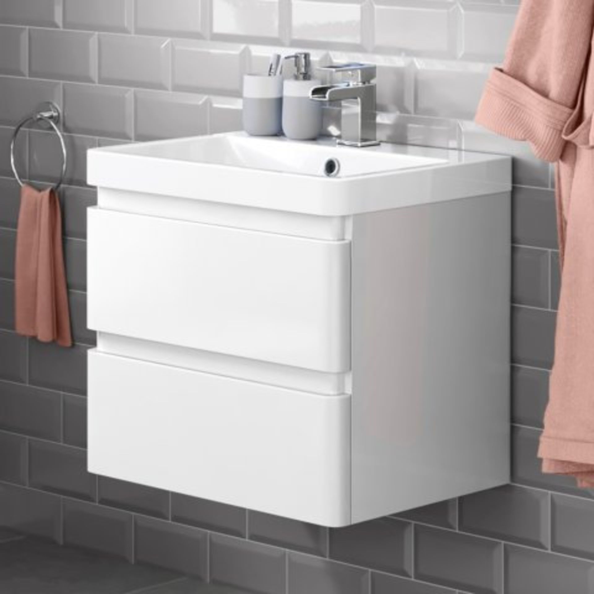 (H3) 600mm Denver II Gloss White Built In Basin Drawer Unit - Wall Hung. RRP £599.99. COMES COMPLETE