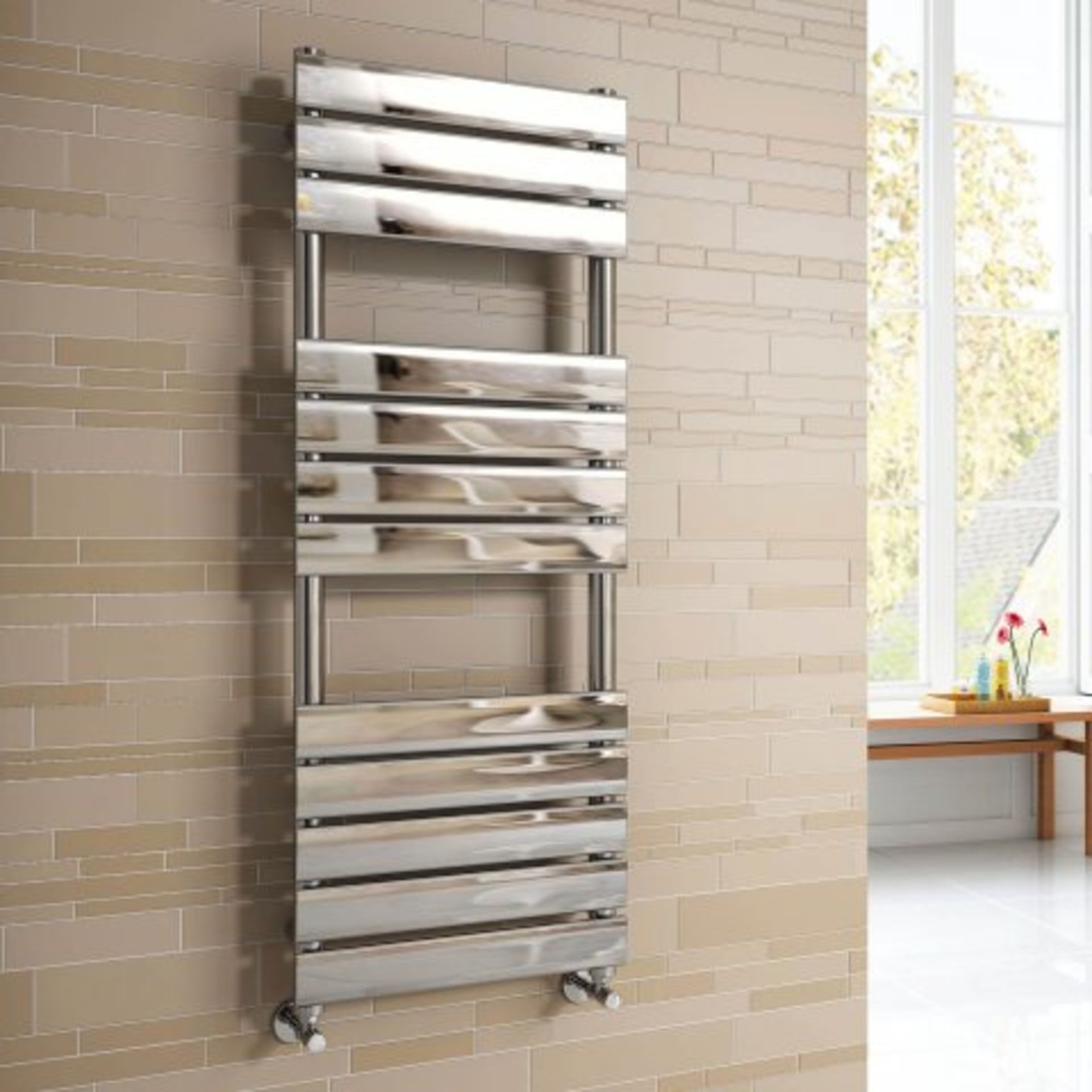 (I104) 1200x450mm Chrome Flat Panel Ladder Towel Radiator RRP £360.99 Stylishly sleek panels set