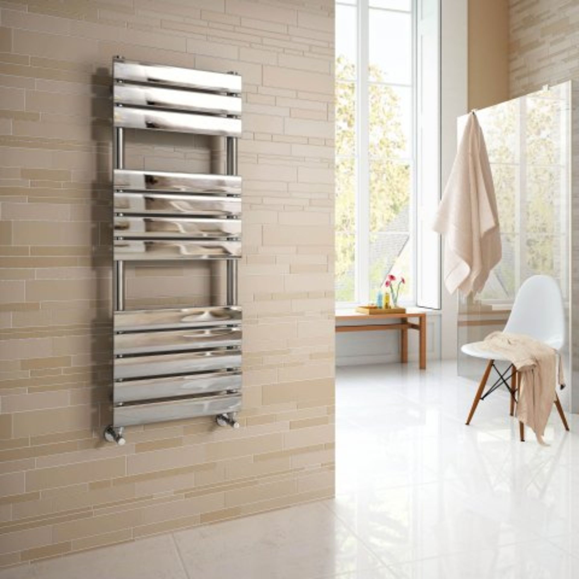 (I104) 1200x450mm Chrome Flat Panel Ladder Towel Radiator RRP £360.99 Stylishly sleek panels set - Image 2 of 3