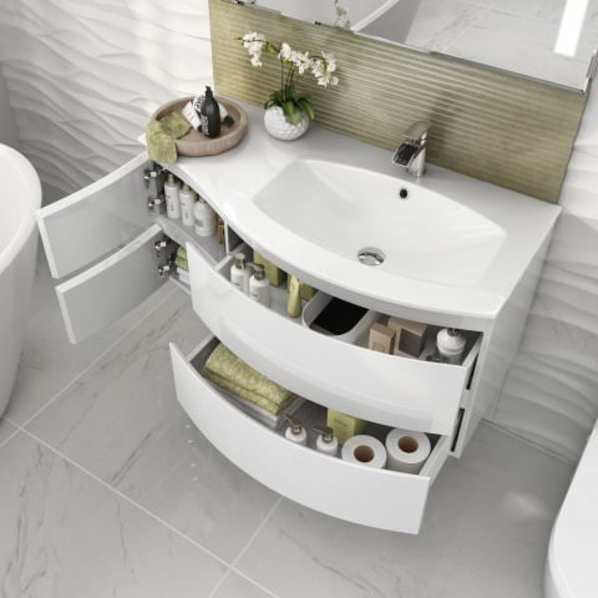 (I2) 1040mm Amelie High Gloss White Curved Vanity Unit - Right Hand - Wall Hung. RRP £1,249. COMES - Image 3 of 5