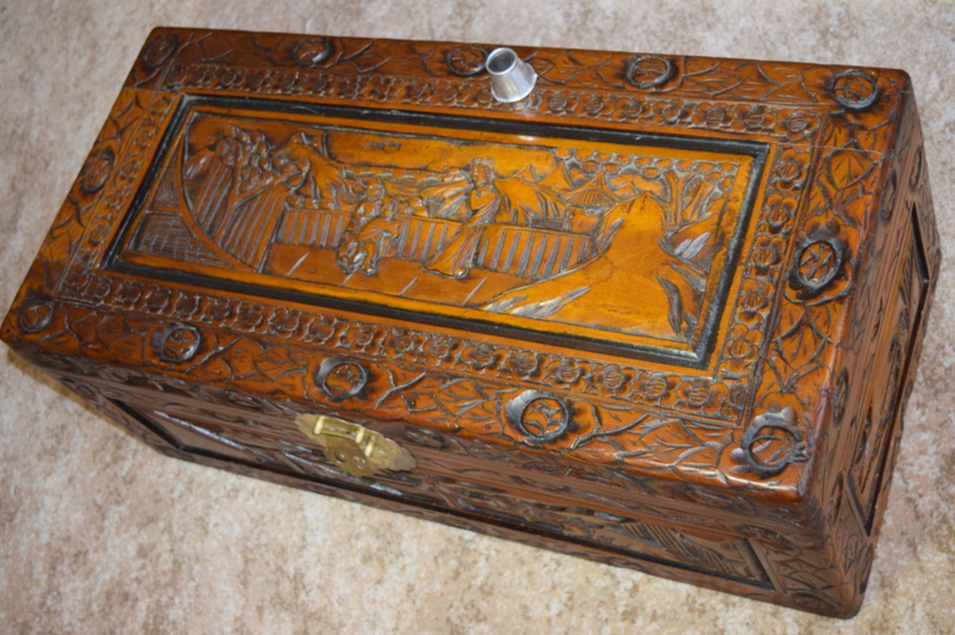 Oriental Wooden Carved Chest - Image 4 of 5