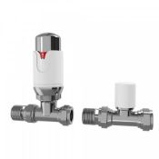 (J95) 15mm Standard Connection Thermostatic Straight Gloss White & Chrome Radiator Valves Made of