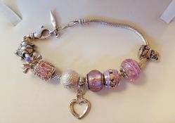 Vintage Sterling Silver Murano Charm Bracelet With Beads & Charms