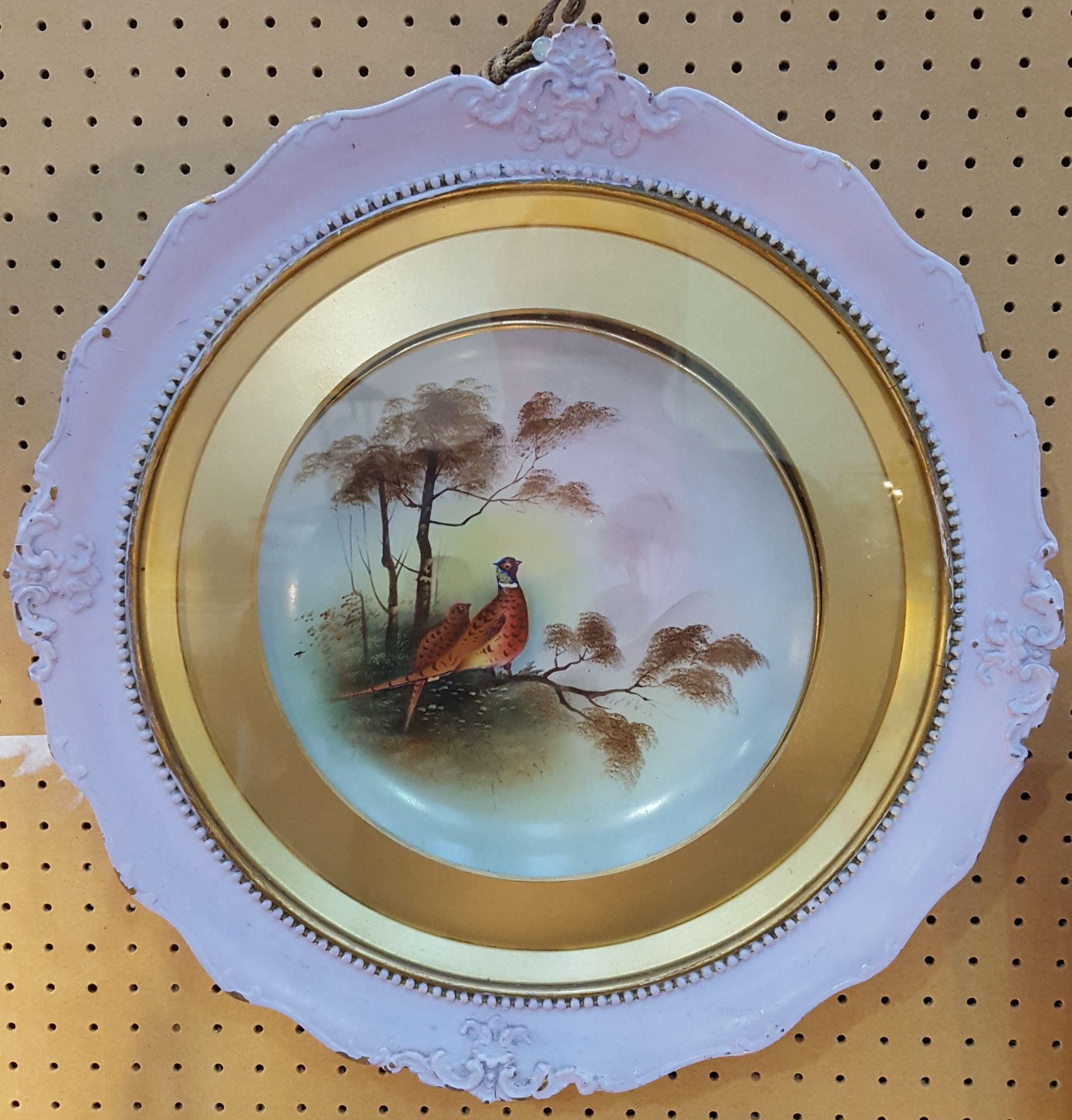 Antique Hand Painted Wall Plaque Framed Pheasants