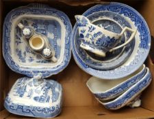 Antique Vintage Box of Blue & White Willow Pattern China Includes Tureen Cruet Jug & Meat Plates