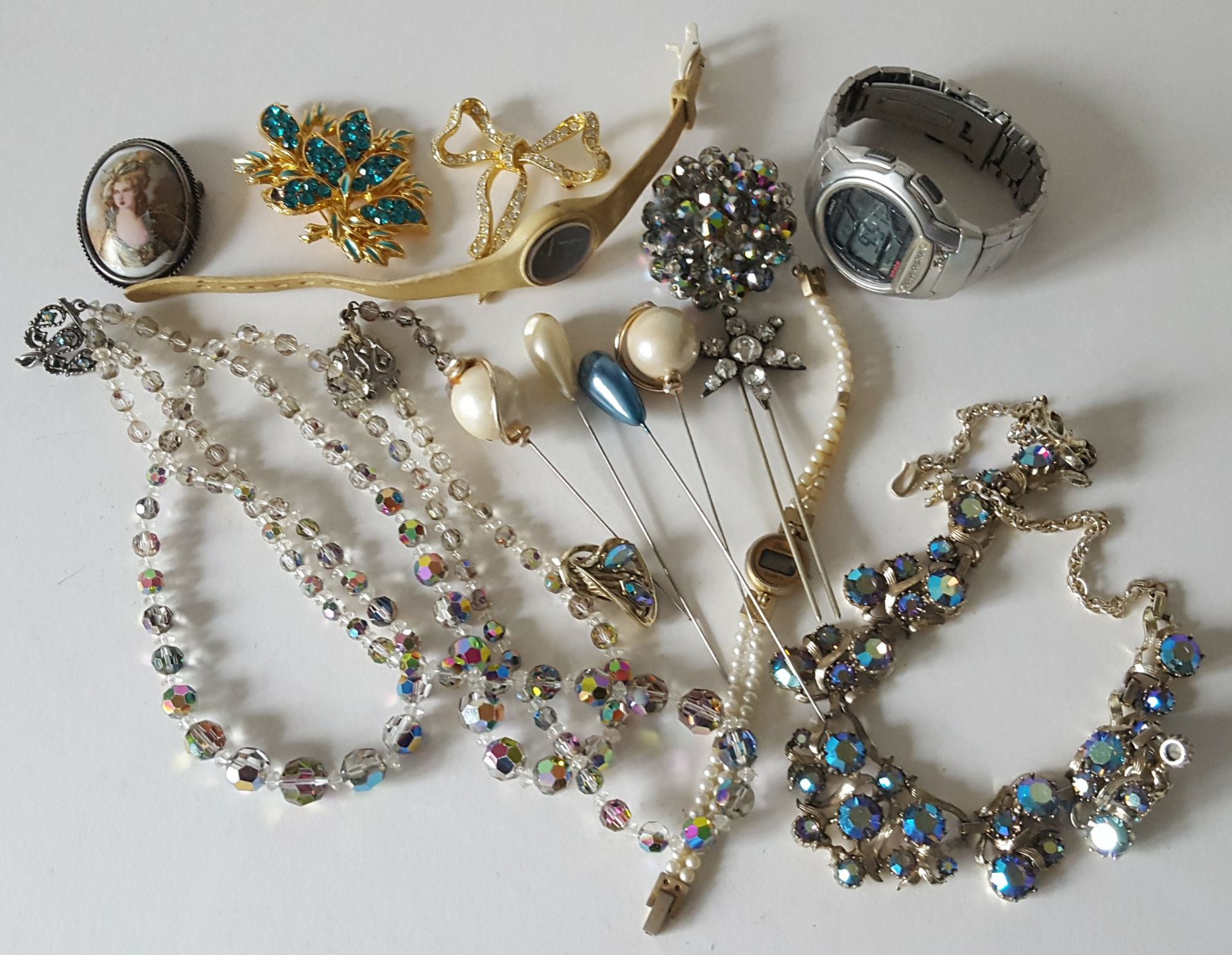 Vintage Retro Kitsch Parcel of Costume Jewellery Includes Casio Watch Hat Pins Necklaces