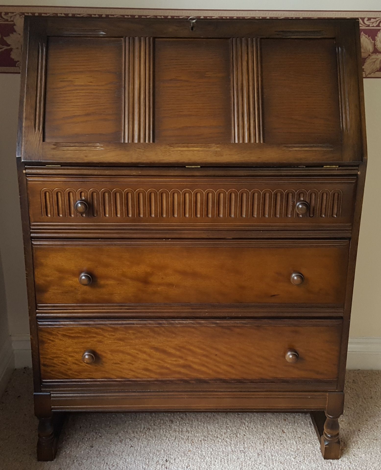 Vintage Retro Oak Priory Style Bureau 3 Drawers Fold Down Top