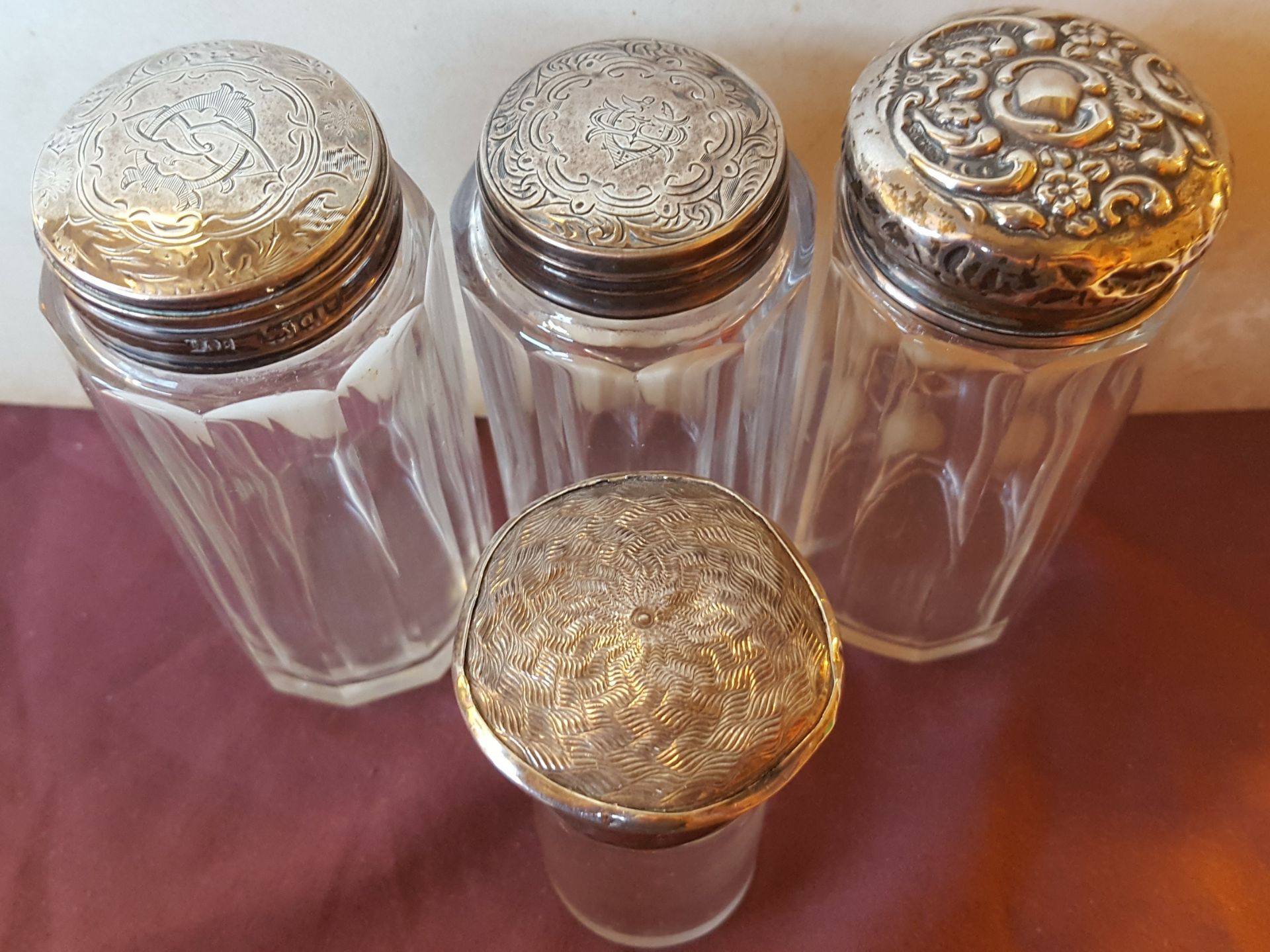 Antique 4 x Silver topped Bottles Various Hallmarks 1887 to 1912 London & Birmingham