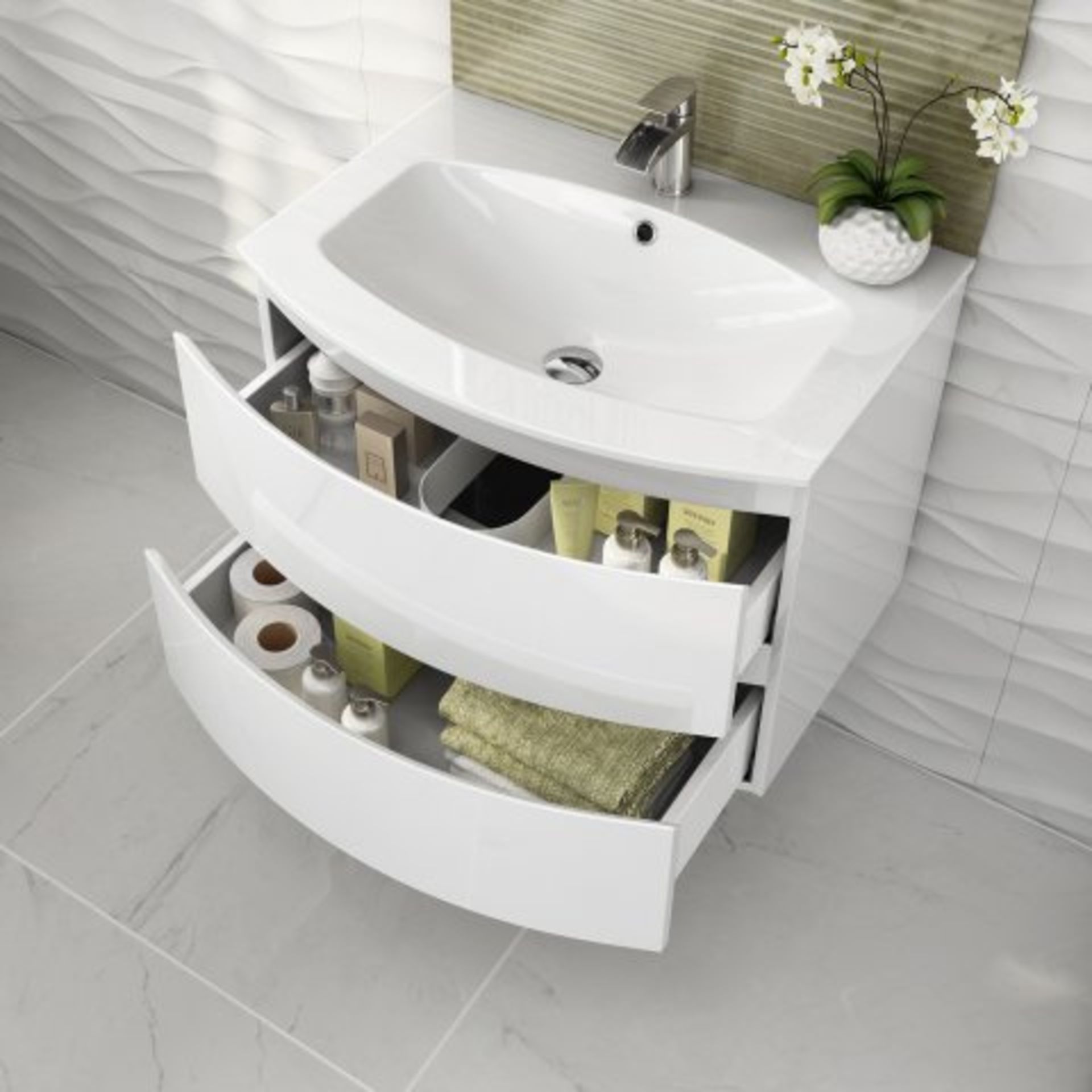 Pallet To Contain 5 x 700mm Amelie High Gloss White Curved Vanity Unit - Wall Hung. RRP £649.99 - Bild 2 aus 5