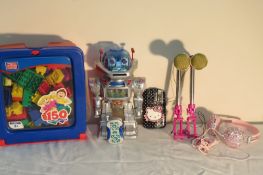 5 ITEMS: HELLO KITTY PHONE CASE, SELFIE STICK, SPARKLY HEADPHONES, ROBOT, LEGO MEGABLOCKS