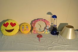 5 ITEMS: DISNEY PRINCESS CLOCK, CREAM LAMPSHADE, 2 EMOJI PILLOWS, DESK LAMP