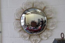 Vintage Retro Convex Mirror With Wrought Iron Floral Surround