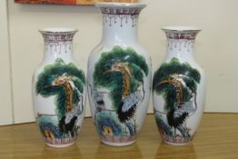 Oriental Decorative Porcelain Vases (Set Of) Depicting Crane Birds, Chinese Markings To The Base