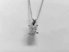 1.00ct princess cut diamond solitaire pendant. J colour, I2 clarity. Set in a platinum 4 claw