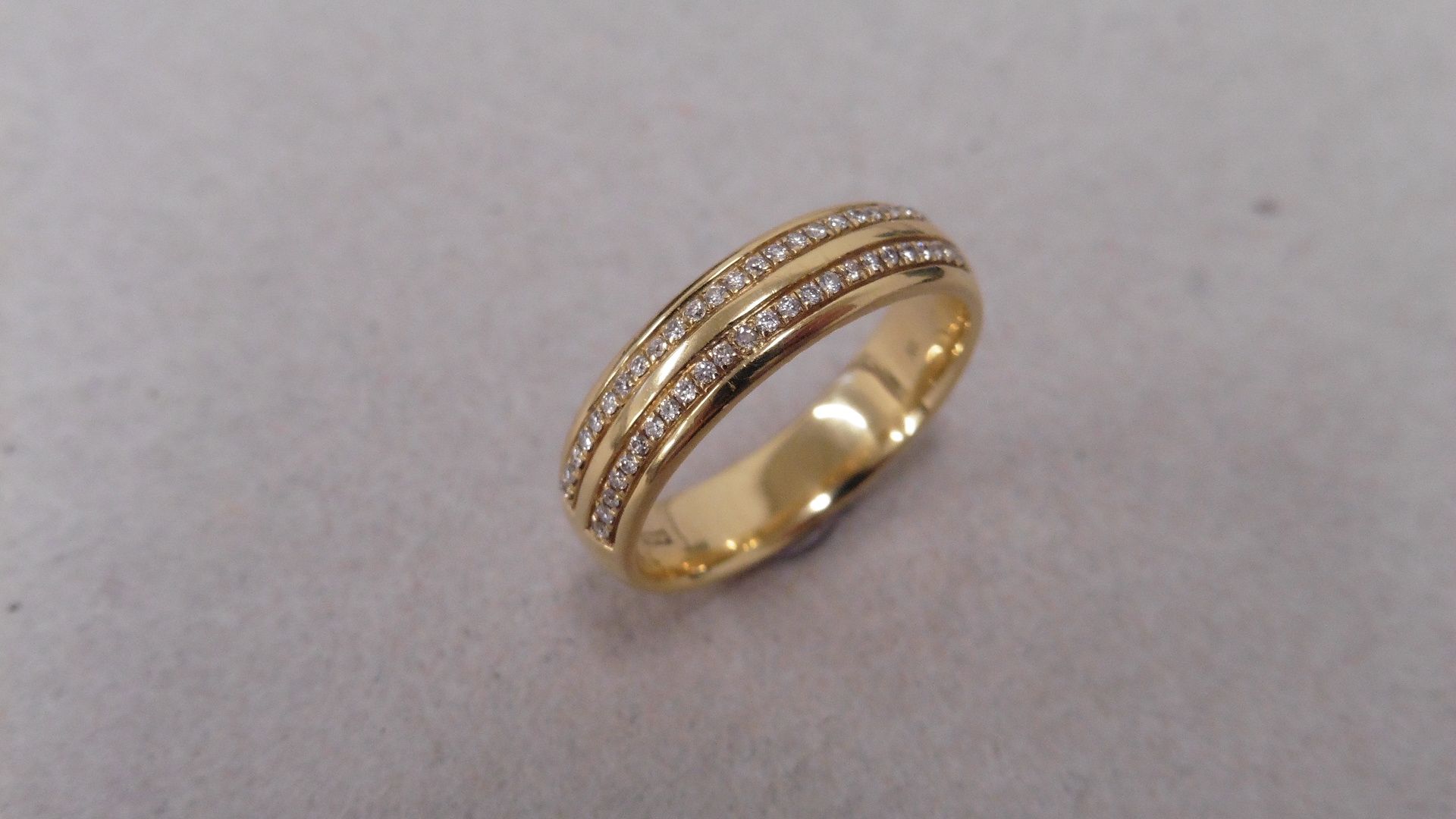 18ct yellow gold diamond set band ring. 2 rows of micro set diamonds, H/I colour and si3 clarity