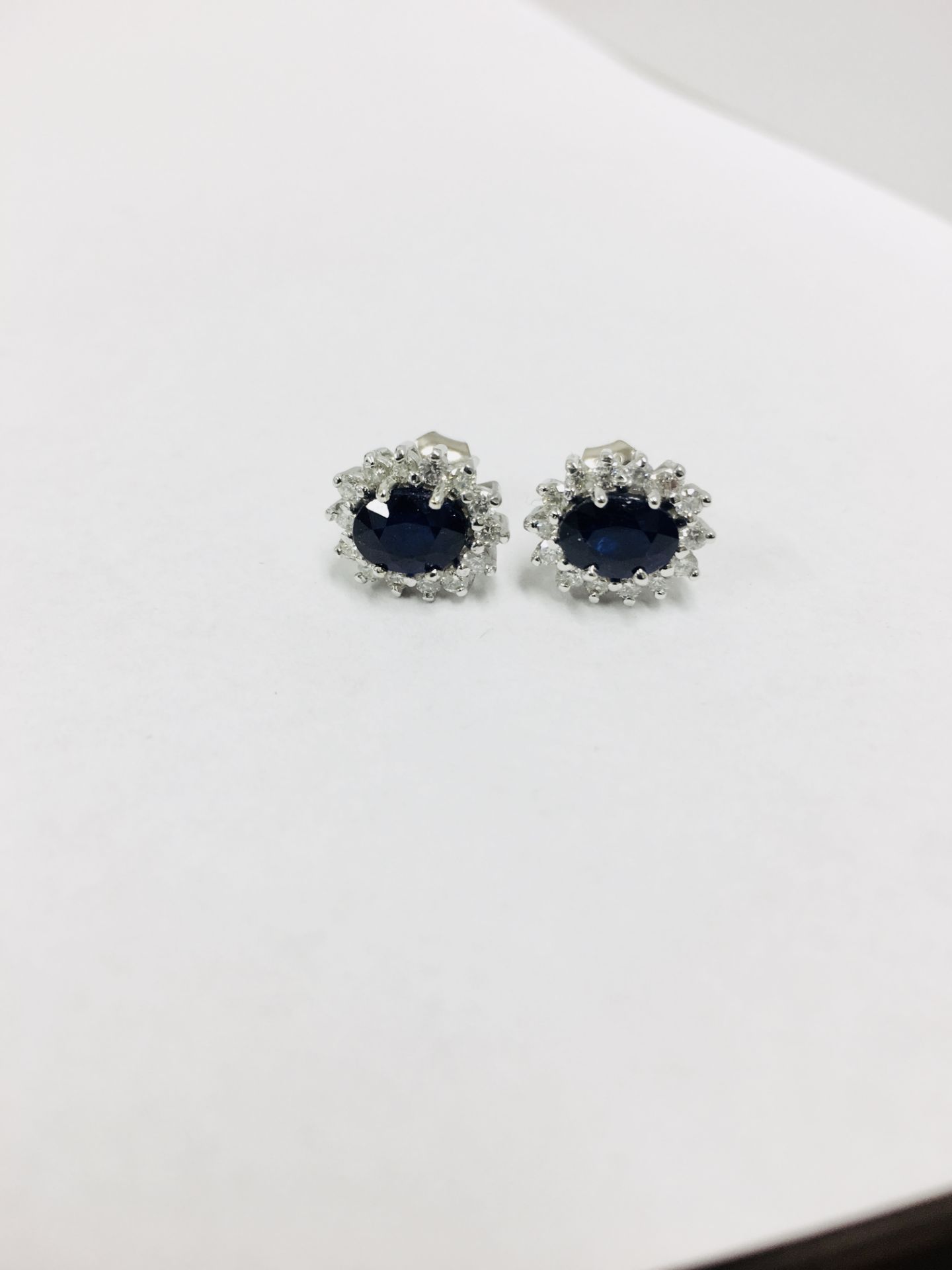 Sapphire diamond Earrings ,1.50ct Sapphire natural (6mmx4mm each),0.36ct diamonds ,9ct white gold - Image 5 of 5